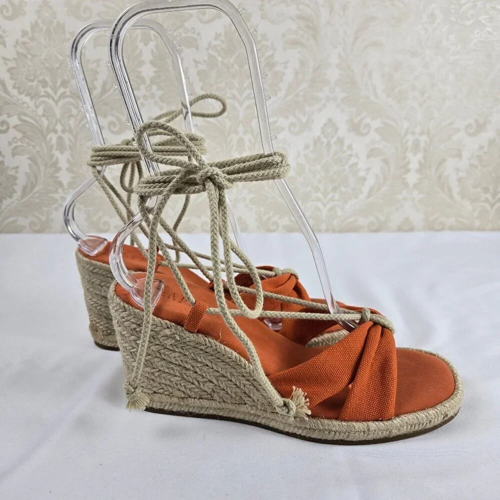 Lauren Ralph Lauren Size 8B Amelie Orange Lace Up Sandals Espadrille Wedge Heels